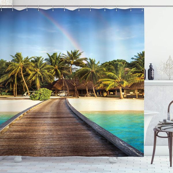 beach shower curtain, wooden bridge to island beach resort with colorful rainbow over palm trees, cloth fabric bathroom decor
beach shower curtain, wooden bridge to island beach resort with colorful rainbow over palm trees, cloth fabric bathroom decor