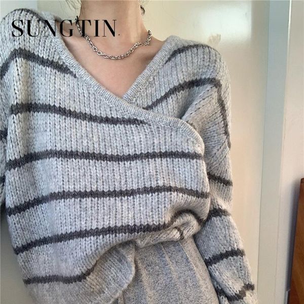 women's sweaters sungtin v-neck oversized stripe sweater women autumn winter loose knitted pullovers warm korean female irregular fash, White;black
women's sweaters sungtin v-neck oversized stripe sweater women autumn winter loose knitted pullovers warm korean female irregular fash, White;black