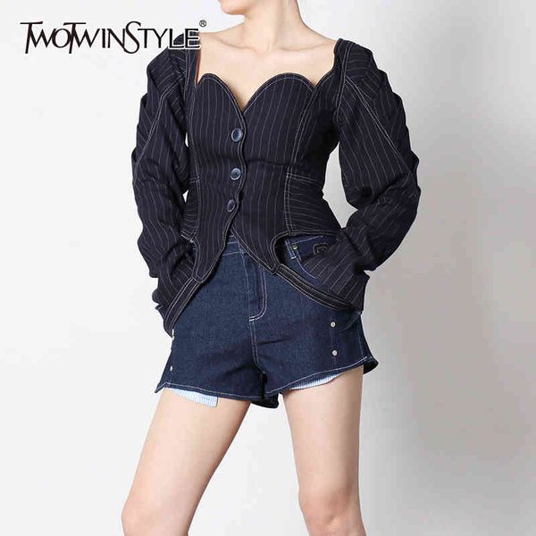 elegant denim striped women coats square collar puff long sleeve lace up irregulae hem slim jackets female fashion 210524, Black;brown
elegant denim striped women coats square collar puff long sleeve lace up irregulae hem slim jackets female fashion 210524, Black;brown