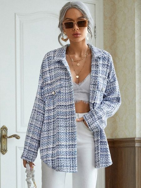 plaid drop shoulder flap detail tweed coat p28e#, Black