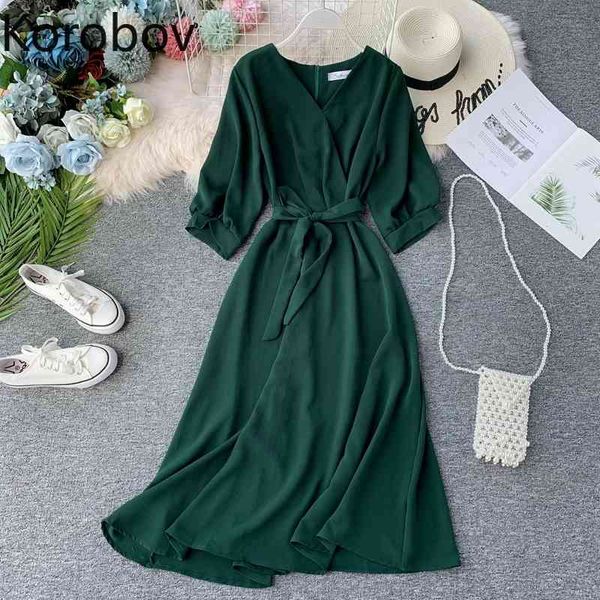 korobov korean v neck short sleeve chiffon dress vintage sashes high waist elegant solid dresses summer beach style vestidos 210430, Black;gray
korobov korean v neck short sleeve chiffon dress vintage sashes high waist elegant solid dresses summer beach style vestidos 210430, Black;gray