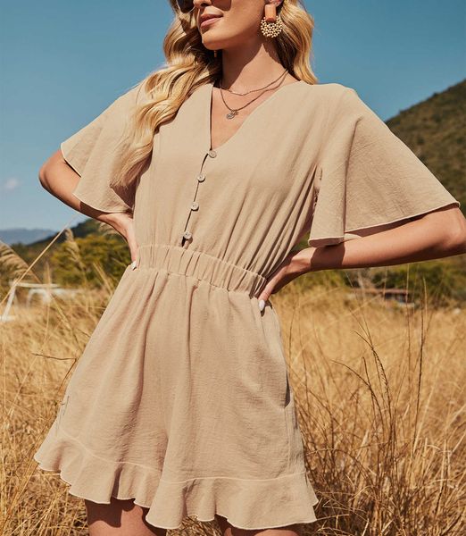 v neck short sleeve ruffles women playsuits summer casual basic button pocket playsuits high waist american romper bodycon 210625, Black;white
v neck short sleeve ruffles women playsuits summer casual basic button pocket playsuits high waist american romper bodycon 210625, Black;white