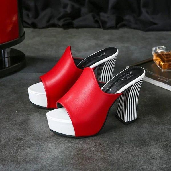 summer elegant slippers women platform sandals leather woman pumps fashion high heels female shoes large size, Black