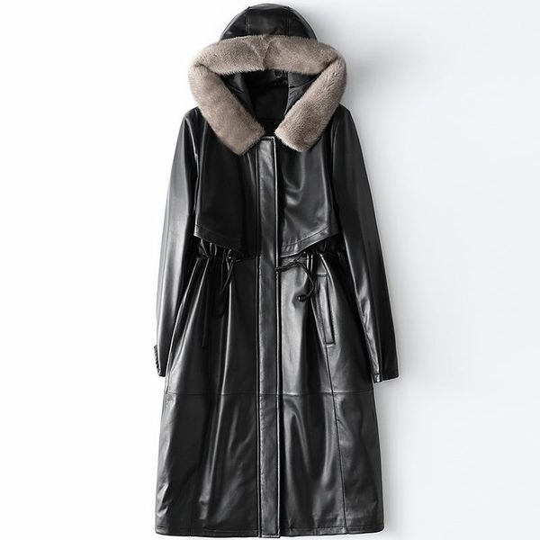 women's leather & faux winter warm real down jacket female fur collar sheepskin coat hooded long loose classic office lady, Black 
women's leather & faux winter warm real down jacket female fur collar sheepskin coat hooded long loose classic office lady, Black
