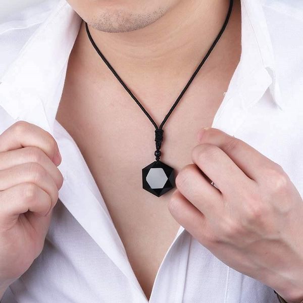 pendant necklaces reiki healings crystal stone necklace energy obsidian quartz six-pointed star jewelry gift for women man, Silver