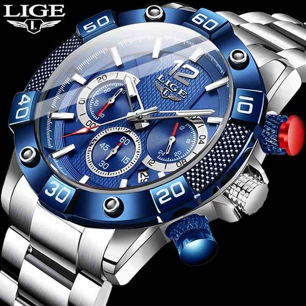 

lige stainless steel watches mens sports waterproof luminous chronograph brand luxury quartz men watch relogio masculino 210728, Slivery;brown