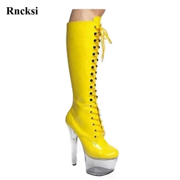 boots rncksi lace up women's round toe party quee chick heels shoes dance 17cm high knee, Black