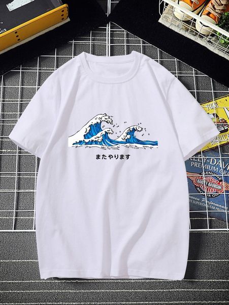 men japanese & wave print tee p3en#, White;black 
men japanese & wave print tee p3en#, White;black