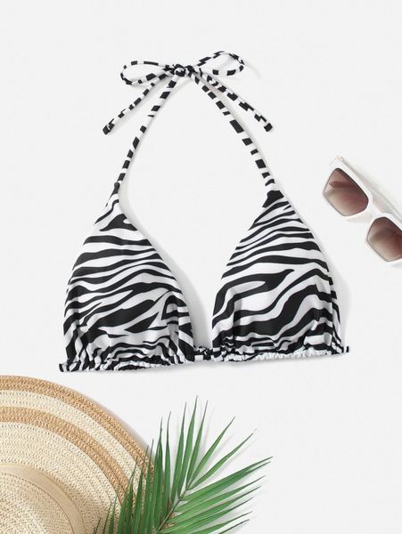plus zebra striped halter triangle bikini p4nn#, Black