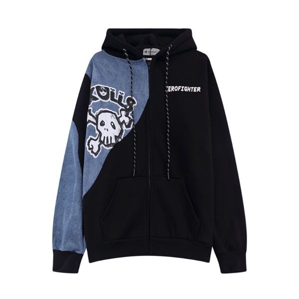 men's hoodies & sweatshirts men skull denim patchwork hooded fall winter streetwear hip hop harajuku loose fleece cotton zipper jackets, Black
men's hoodies & sweatshirts men skull denim patchwork hooded fall winter streetwear hip hop harajuku loose fleece cotton zipper jackets, Black