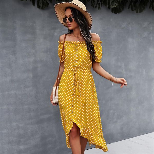 vintage maxi polka dot print women dress summer casual off shoulder button long beach female vestidos, Black;gray
vintage maxi polka dot print women dress summer casual off shoulder button long beach female vestidos, Black;gray