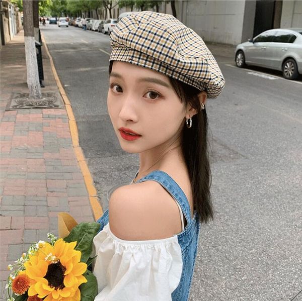 women's summer thin trendy niche plaid berets haps caps dmlm057a fashion artistic british retro painter hat, Blue;gray
women's summer thin trendy niche plaid berets haps caps dmlm057a fashion artistic british retro painter hat, Blue;gray