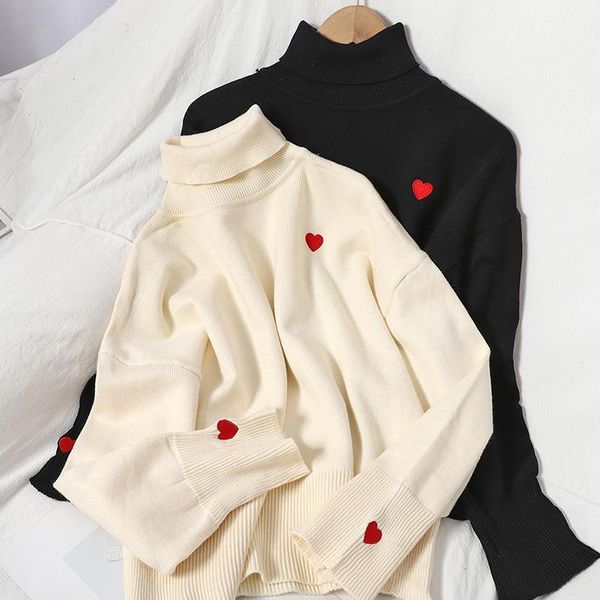 embroidered love long sleeve sweater women's winter wear korean high collar versatile knitting sweaters, White;black
embroidered love long sleeve sweater women's winter wear korean high collar versatile knitting sweaters, White;black