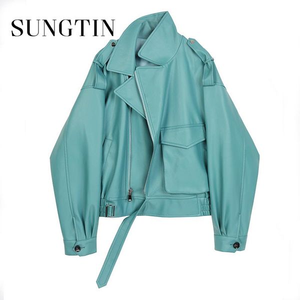 women's leather & faux sungtin vintage korean jacket women loose green pu motorcycle female casual outwear streetwear, Black
women's leather & faux sungtin vintage korean jacket women loose green pu motorcycle female casual outwear streetwear, Black