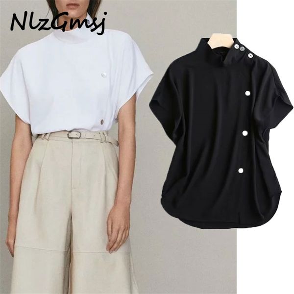 women white shirts stand collar buttons short sleeve elegant office ladies work wear blouses 210628
women white shirts stand collar buttons short sleeve elegant office ladies work wear blouses 210628