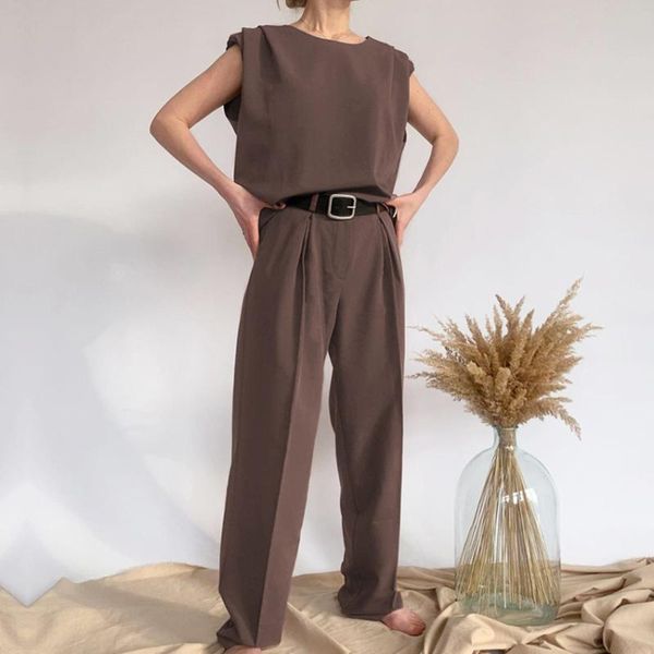 women's two piece pants summer suit sleeveless t-shirt solid color straight leg pieces, White
women's two piece pants summer suit sleeveless t-shirt solid color straight leg pieces, White
