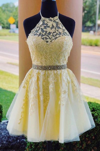 party dresses yellow halter homecoming dress short lace beading a line sleeveless cocktail junior vestidos de graduacion talla grande, White;black
party dresses yellow halter homecoming dress short lace beading a line sleeveless cocktail junior vestidos de graduacion talla grande, White;black