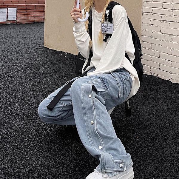 women's jeans side buttons design straight leg for teenage girls korean fashion trends high street clothing womens streetwear denim pan, Blue
women's jeans side buttons design straight leg for teenage girls korean fashion trends high street clothing womens streetwear denim pan, Blue