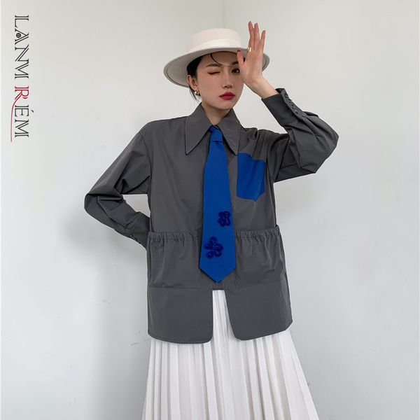 women gray big size pleated neckcloth blouse lapel long sleeve loose fit shirt fashion spring summer 2e1618 210507, White
women gray big size pleated neckcloth blouse lapel long sleeve loose fit shirt fashion spring summer 2e1618 210507, White