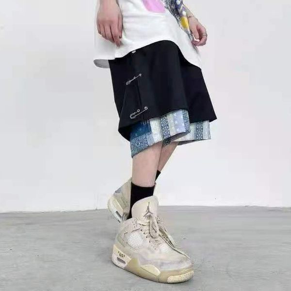 men's shorts two fake pieces cashew print side button casual men and women elastic waist high street oversize summer short xian, White;black
men's shorts two fake pieces cashew print side button casual men and women elastic waist high street oversize summer short xian, White;black