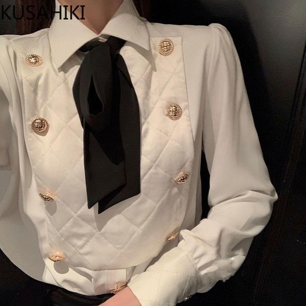women's blouses & shirts kusahiki korean patchwork elegant blouse bow tie turn-down collar women shirt 2021 spring blusas de mujer 6f3, White 
women's blouses & shirts kusahiki korean patchwork elegant blouse bow tie turn-down collar women shirt 2021 spring blusas de mujer 6f3, White