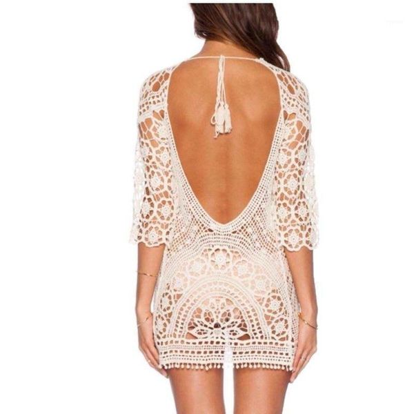 women lady lace hollow crochet swimwear bikini cover up beach dress vestidos women's, White;black
women lady lace hollow crochet swimwear bikini cover up beach dress vestidos women's, White;black