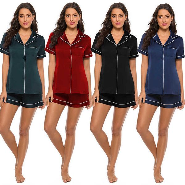 sleepwear women's satin silk pajamas in spring and summer 2021 short sleeve shorts two piece suit, Black;red
sleepwear women's satin silk pajamas in spring and summer 2021 short sleeve shorts two piece suit, Black;red