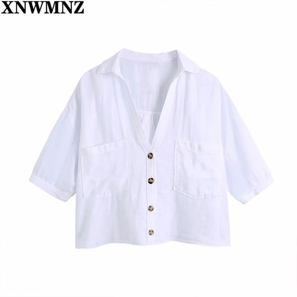 women fashion white with pockets loose cropped linen blouses vintage short sleeve button-up female shirts chic 210520
women fashion white with pockets loose cropped linen blouses vintage short sleeve button-up female shirts chic 210520