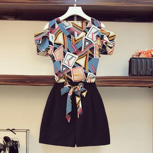 fashion temperament ol suit summer korean loose chiffon printing shirt blouse and ribbons tie up high waist shorts two piece set women', Gray
fashion temperament ol suit summer korean loose chiffon printing shirt blouse and ribbons tie up high waist shorts two piece set women', Gray