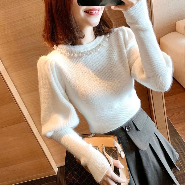 women's sweaters simple bottoming shirt 2021 temperament lantern sleeve nail bead heavy industry winter thickened sweater for women, White;black
women's sweaters simple bottoming shirt 2021 temperament lantern sleeve nail bead heavy industry winter thickened sweater for women, White;black