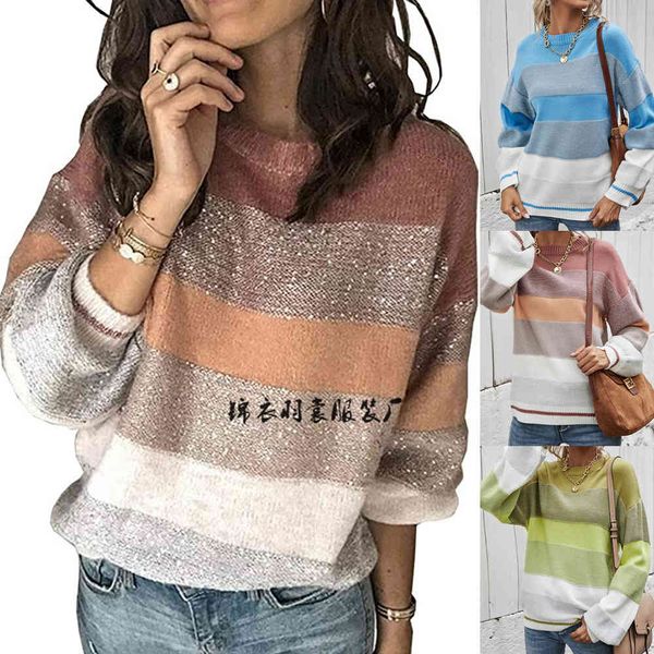 2021 winter new splicing crew neck fashion personality stripe loose knit sweater women, White
2021 winter new splicing crew neck fashion personality stripe loose knit sweater women, White
