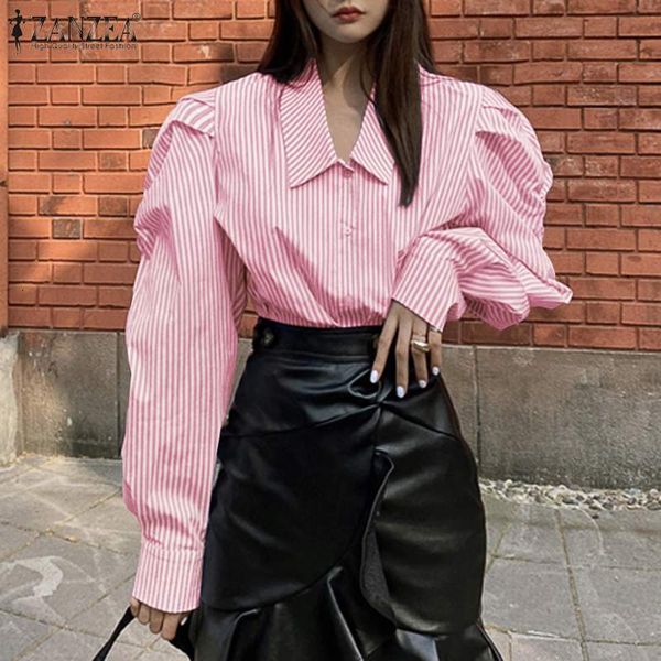 blouses 5xl elegant women blouse 2021 autumn ol puff sleeve shirts casual striped lapel collar loose ladies blusa oversize, White 
blouses 5xl elegant women blouse 2021 autumn ol puff sleeve shirts casual striped lapel collar loose ladies blusa oversize, White