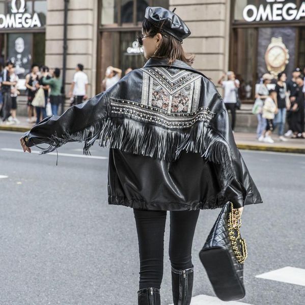 women's leather & faux autumn embroidery rivet tassel jackets women streetwear loose pu luxury jacket motorcycle coat, Black
women's leather & faux autumn embroidery rivet tassel jackets women streetwear loose pu luxury jacket motorcycle coat, Black
