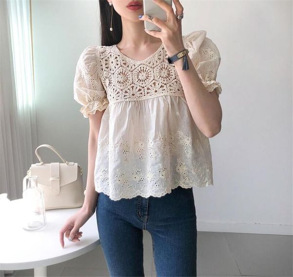 women's blouses & shirts korea chic sweet embroidery stitching short-sleeved doll female, White
women's blouses & shirts korea chic sweet embroidery stitching short-sleeved doll female, White