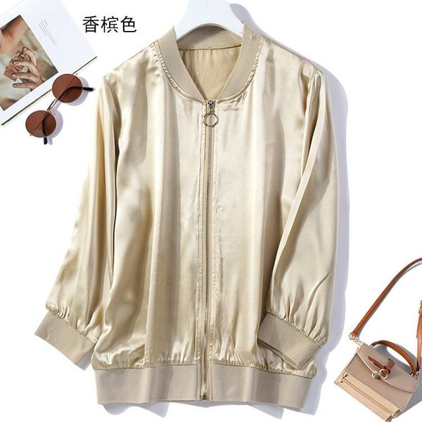 women's jackets 100% mulberry silk satin black white solid color zip up bomber coat jn805, Black;brown 
women's jackets 100% mulberry silk satin black white solid color zip up bomber coat jn805, Black;brown