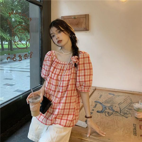 women's blouses & shirts summer thin slash neck bubble short-sleeved plaid shirt women, White
women's blouses & shirts summer thin slash neck bubble short-sleeved plaid shirt women, White