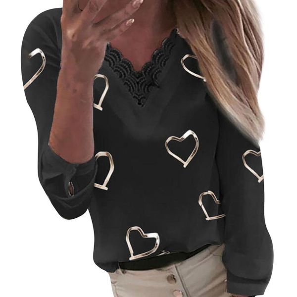 women's blouses & shirts lace elegant office women hearts print v-neck patchwork long sleeve for pullover, White
women's blouses & shirts lace elegant office women hearts print v-neck patchwork long sleeve for pullover, White