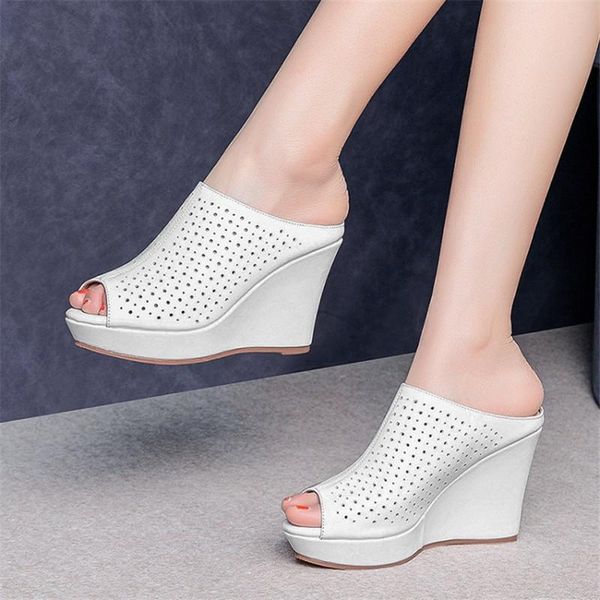 slippers pxelena genuine real leather women slides platform wedge high heels peep toe holes breathable summer plus size 34-41, Black
slippers pxelena genuine real leather women slides platform wedge high heels peep toe holes breathable summer plus size 34-41, Black