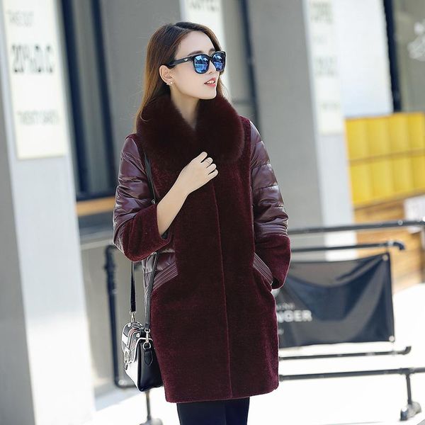 women's leather & faux genuine winter jacket women collar real sheepskin coat sheep shearling fur down jackets 1603_3 my1229, Black
women's leather & faux genuine winter jacket women collar real sheepskin coat sheep shearling fur down jackets 1603_3 my1229, Black