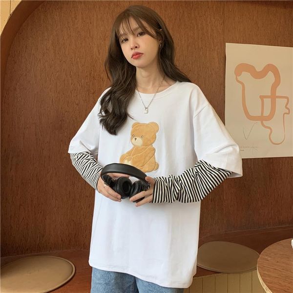 women's t-shirt striped bear fake two-piece vintage long-sleeved thin loose korean style ins street jum, White
women's t-shirt striped bear fake two-piece vintage long-sleeved thin loose korean style ins street jum, White