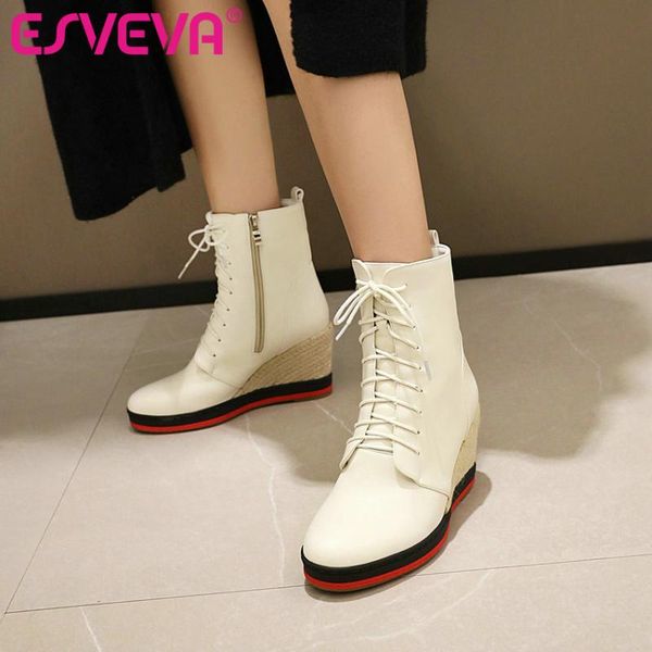 boots esveva 2021 lace up elegant wedge high heel pu leather ankle women shoes platform round toe size 34-43, Black
boots esveva 2021 lace up elegant wedge high heel pu leather ankle women shoes platform round toe size 34-43, Black