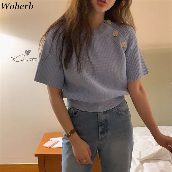 summer short sleeve button pullover women sweater knitted sweaters thin korean jumper female all match 210519, White;black
summer short sleeve button pullover women sweater knitted sweaters thin korean jumper female all match 210519, White;black