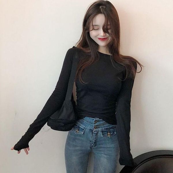 women's t-shirt korean fashion long sleeve o-neck slim solid black bottoming t-shirts, White
women's t-shirt korean fashion long sleeve o-neck slim solid black bottoming t-shirts, White