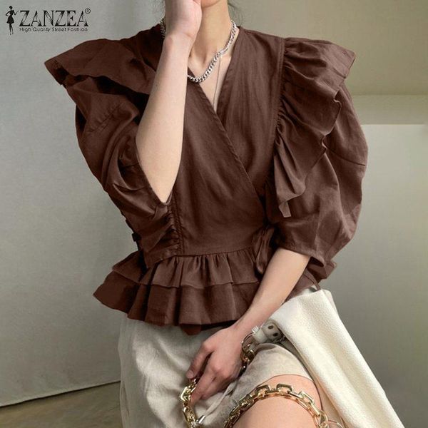 women's blouses & shirts zanzea 2021 fashion summer ruffle flounce solid blusas female v neck lace up tunic oversized casual chemise, White
women's blouses & shirts zanzea 2021 fashion summer ruffle flounce solid blusas female v neck lace up tunic oversized casual chemise, White