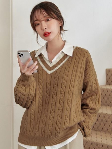 dazy cable knit drop shoulder striped trim sweater without blouse s6x8#, White
dazy cable knit drop shoulder striped trim sweater without blouse s6x8#, White