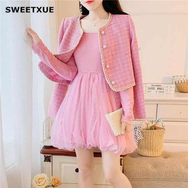 women's tracksuits sweetxue 2021 autumn and winter tweed jacket + mesh puffy dress two-piece suit lovely kawaii princess party set, Gray 
women's tracksuits sweetxue 2021 autumn and winter tweed jacket + mesh puffy dress two-piece suit lovely kawaii princess party set, Gray