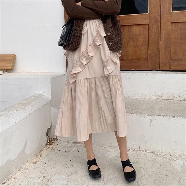women vintage casual ruffles patchwork a-line empire mid-calf skirt spring autumn ladies solid high waist loose pleated skirts, Black
women vintage casual ruffles patchwork a-line empire mid-calf skirt spring autumn ladies solid high waist loose pleated skirts, Black