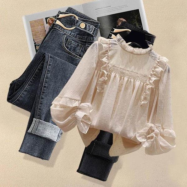 women's two piece pants 2 pieces women sets autumn design 2021 ruffles lantern sleeved loose blouse elegant female jeans suits quality, White
women's two piece pants 2 pieces women sets autumn design 2021 ruffles lantern sleeved loose blouse elegant female jeans suits quality, White