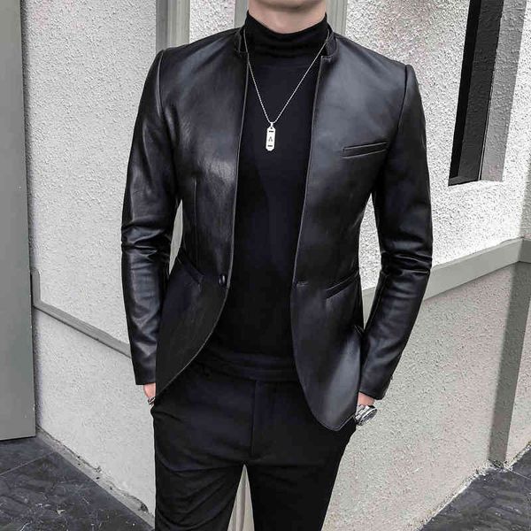 men's synthetic leather busins casual coat, snake et, thin suit, black.