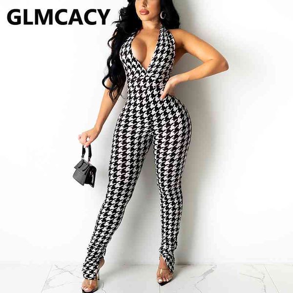 halter v neck houndstooth jumpsuit summer backless skinny overalls 210702, Black;white